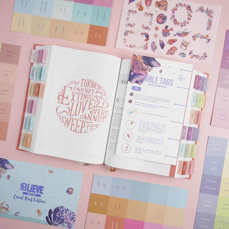 Believe - Bible Tabs with Stickers Included, Laminated Bible Tabs for Women and Men, Bible Accessories and Bible Study Supplies, Bible Book Tabs and Sticker Labels Designed for Bibles (Coral) - Image 2